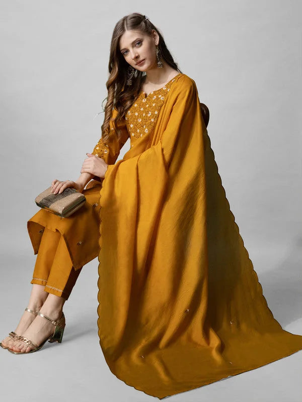 Mustard Embroidered Cotton Kurta Set with Dupatta for Women