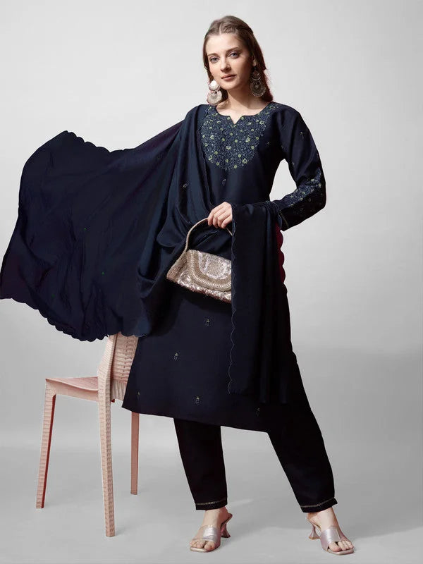 Navy Blue Cotton Kurta Set with Dupatta | Women's Kurta Sets