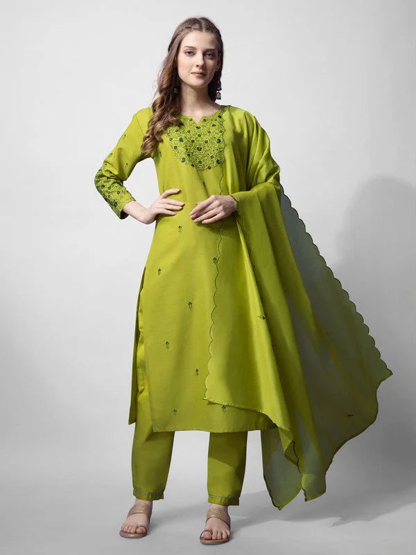 Elegant Women's Kurta Set with Dupatta - Embroidered Parrot