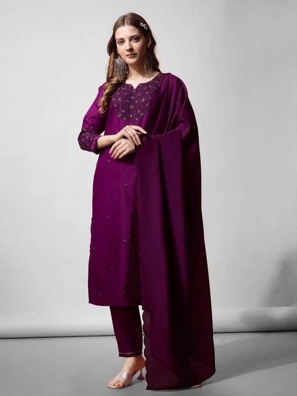 Purple Cotton Kurta Set with Dupatta- Indian Women's Fashion