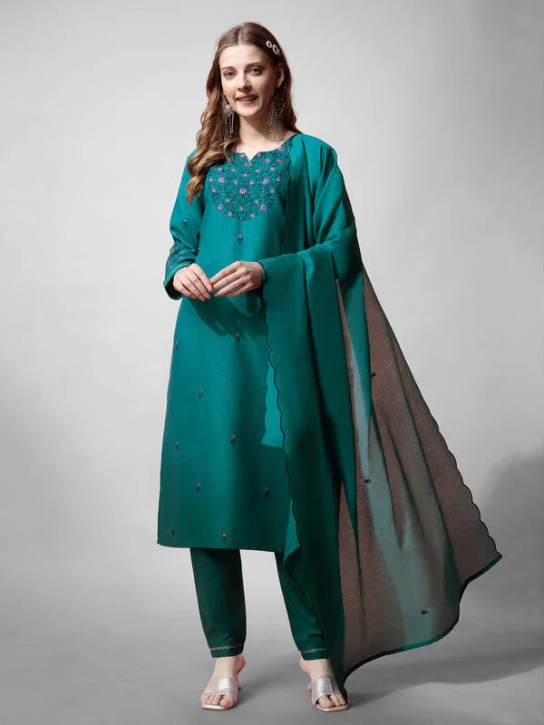 Rama Embroidered Cotton Women's Kurta Set with Dupatta