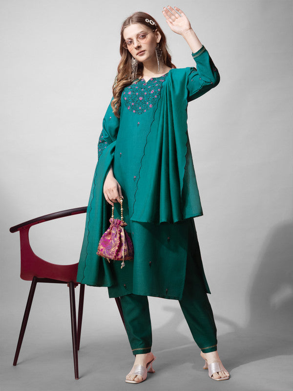 Rama Embroidered Cotton Women's Kurta Set with Dupatta