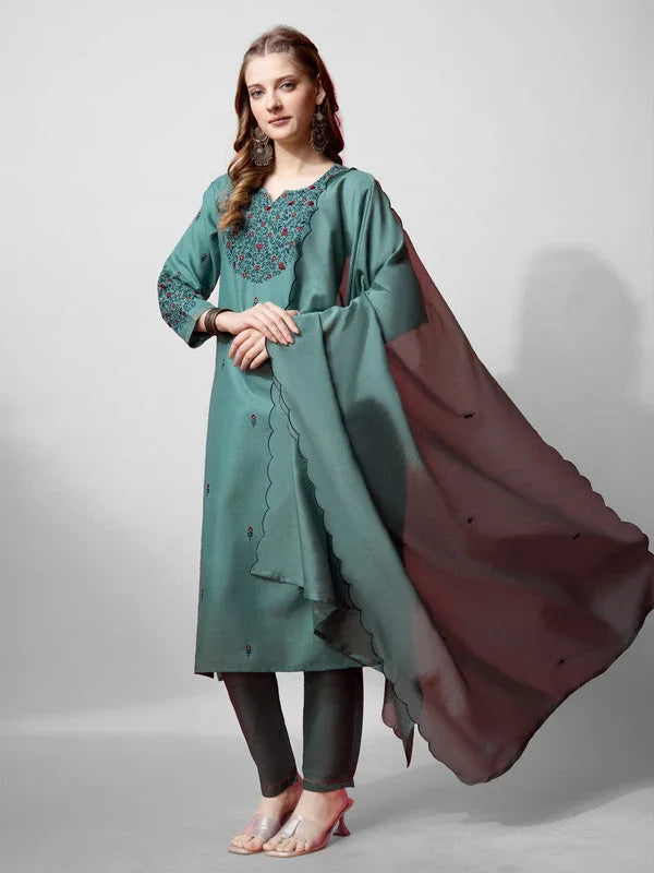 Teal Embroidered Cotton Women's Kurta Set with Dupatta