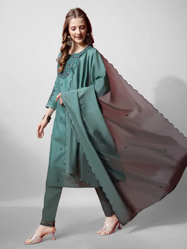 Teal Embroidered Cotton Women's Kurta Set with Dupatta