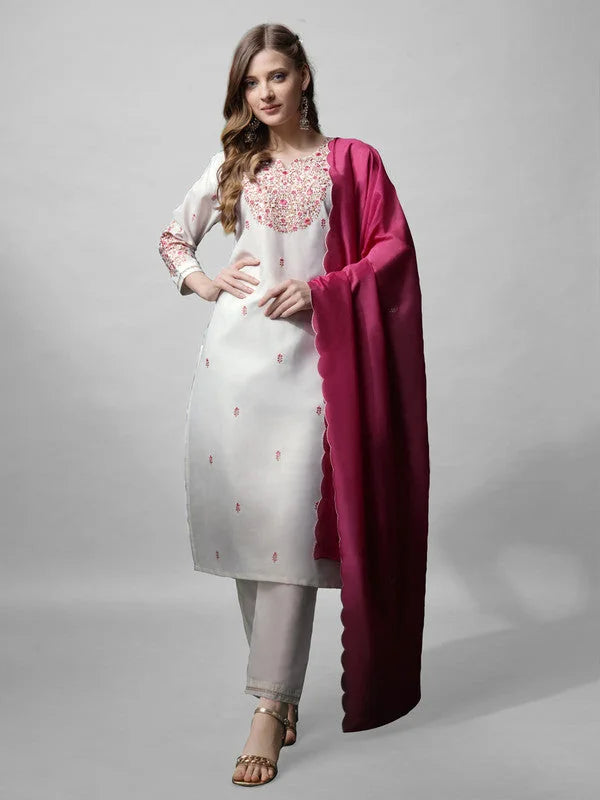 White Embroidered Women's Cotton Kurta Set | Kurta Set with Du...