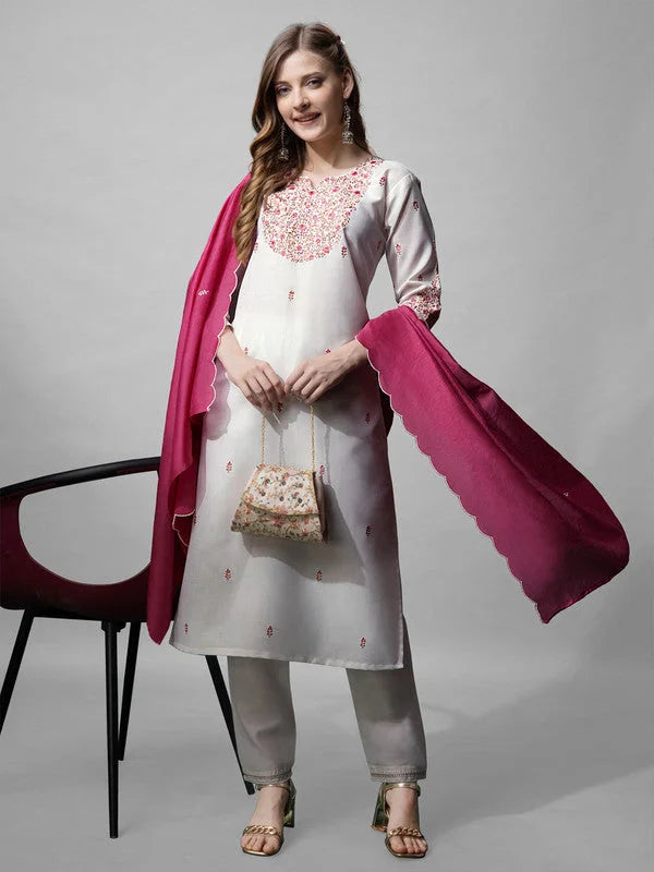 White Embroidered Women's Cotton Kurta Set | Kurta Set with Du...