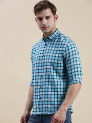 Men Blue Checked Casual Shirt-GROVER-1107-Blue