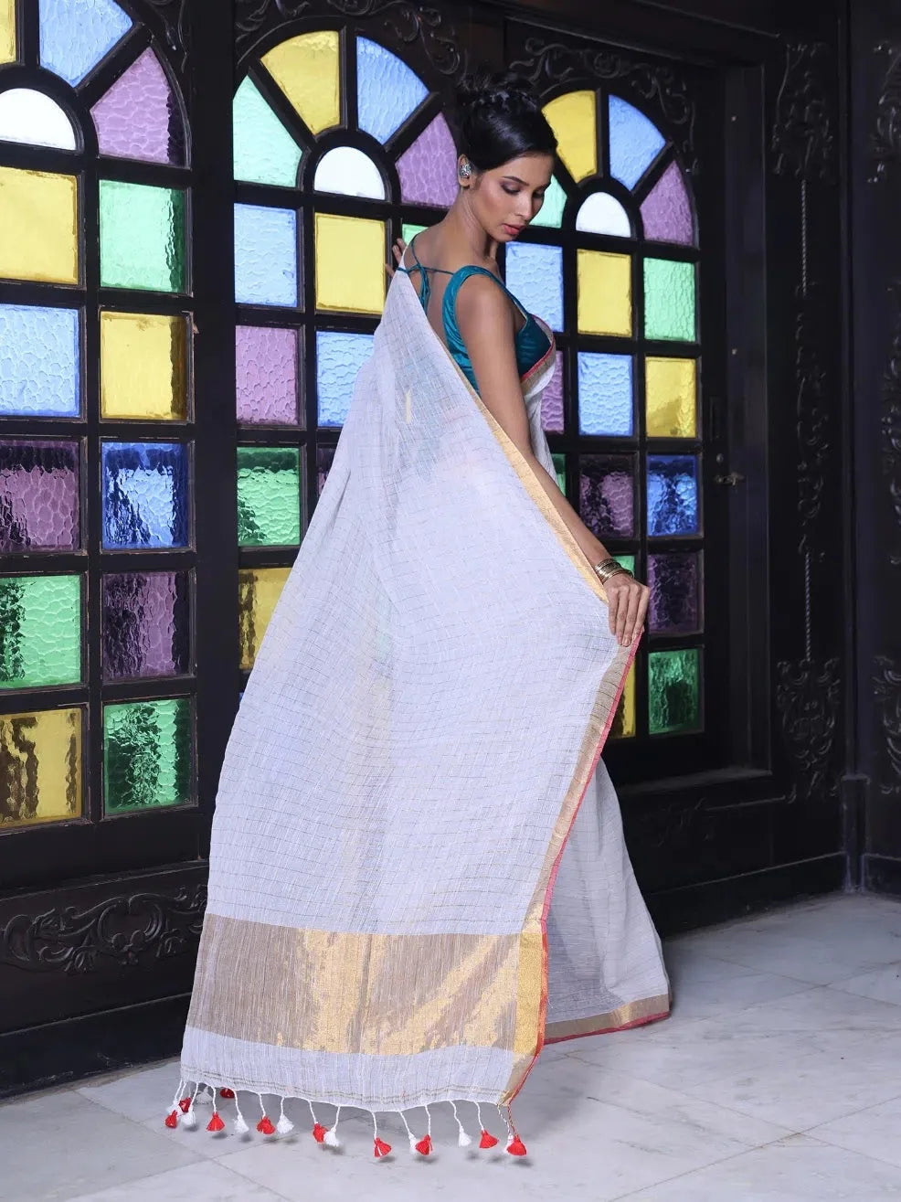 White Linen Check Saree with Zari - Indian Sarees