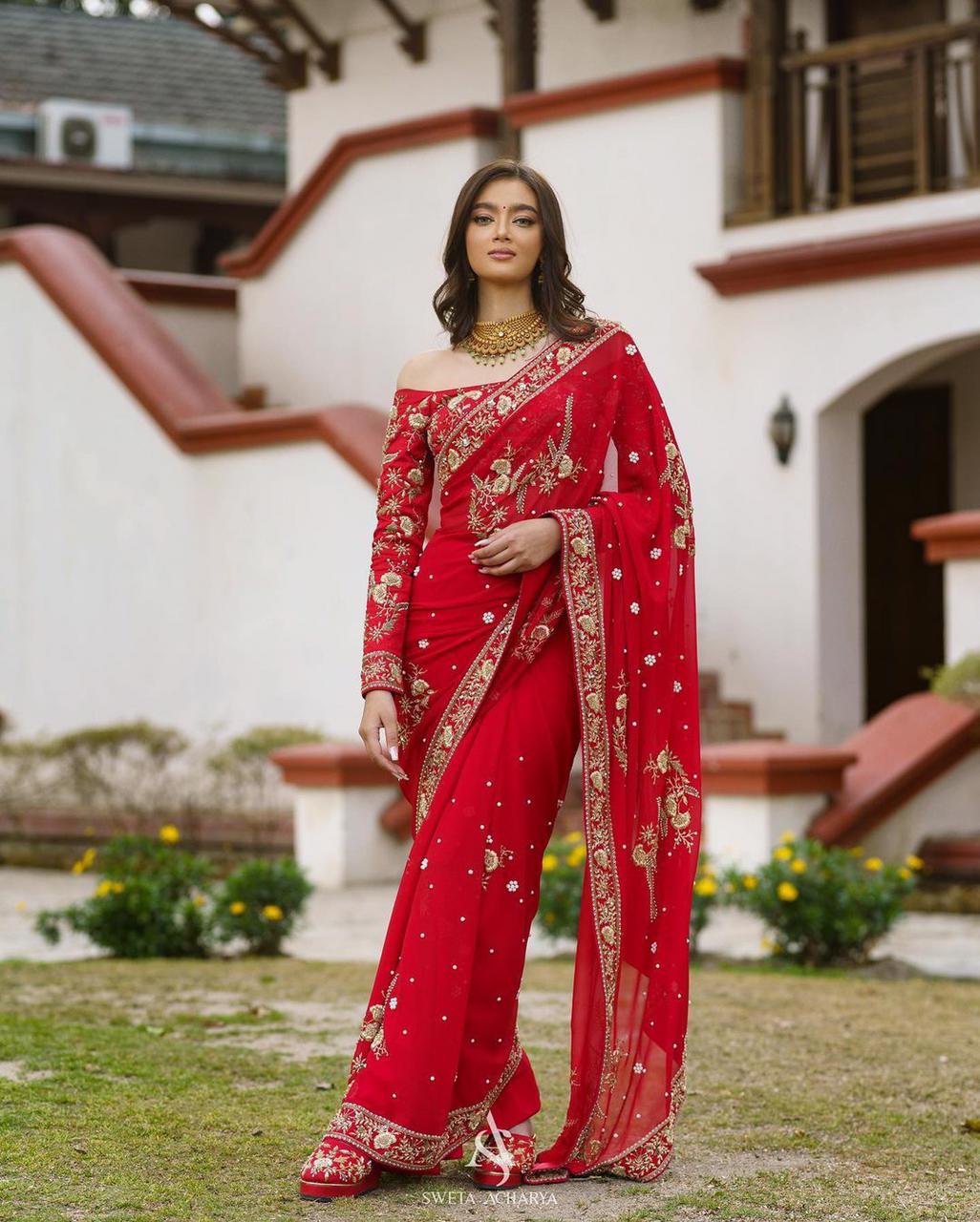Georgette Saree for Women - Red | MLWSHSA8998RED