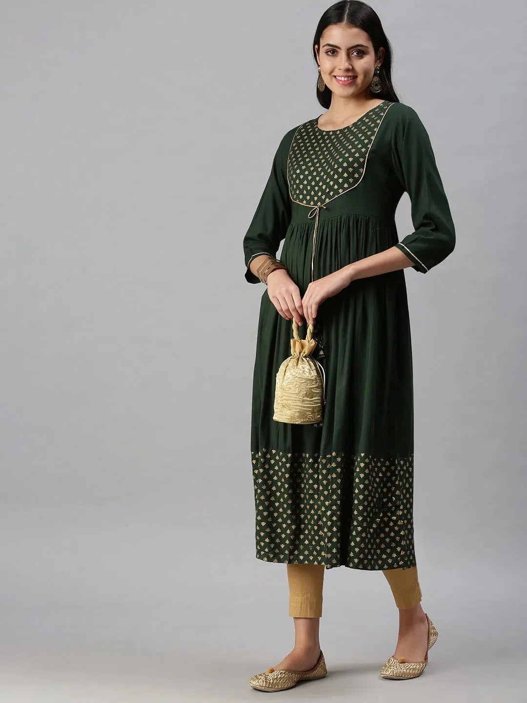 Green Printed Cotton Anarkali Kurta - Shop Anarkali Kurtis