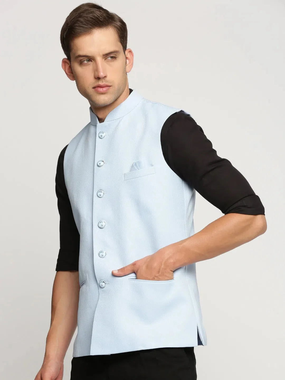 Turquoise Nehru Jacket - Men's Cotton Kurta Pajama Set Alterna...