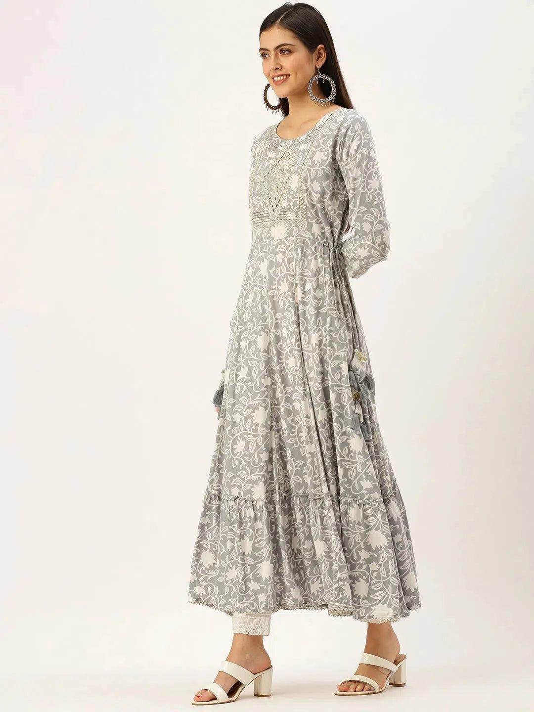 Grey Printed Anarkali Kurta - Women's Cotton Kurti for Daily Wear