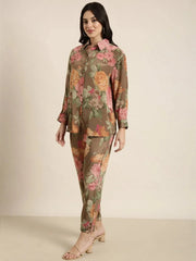 Women Oversized Green Printed Shirt & Trousers Set-DW-5088-Green