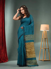 Teal Green Cotton Blend Handwoven Saree With Ghicha Pallu-MA50BCT06550100