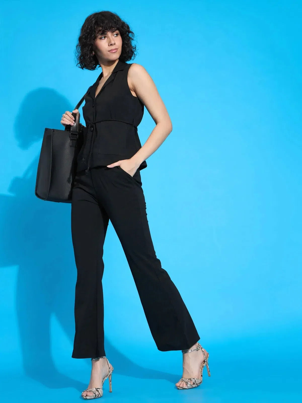 Black Sleeveless Blazer & Bell Bottom Pants Two Piece Sets