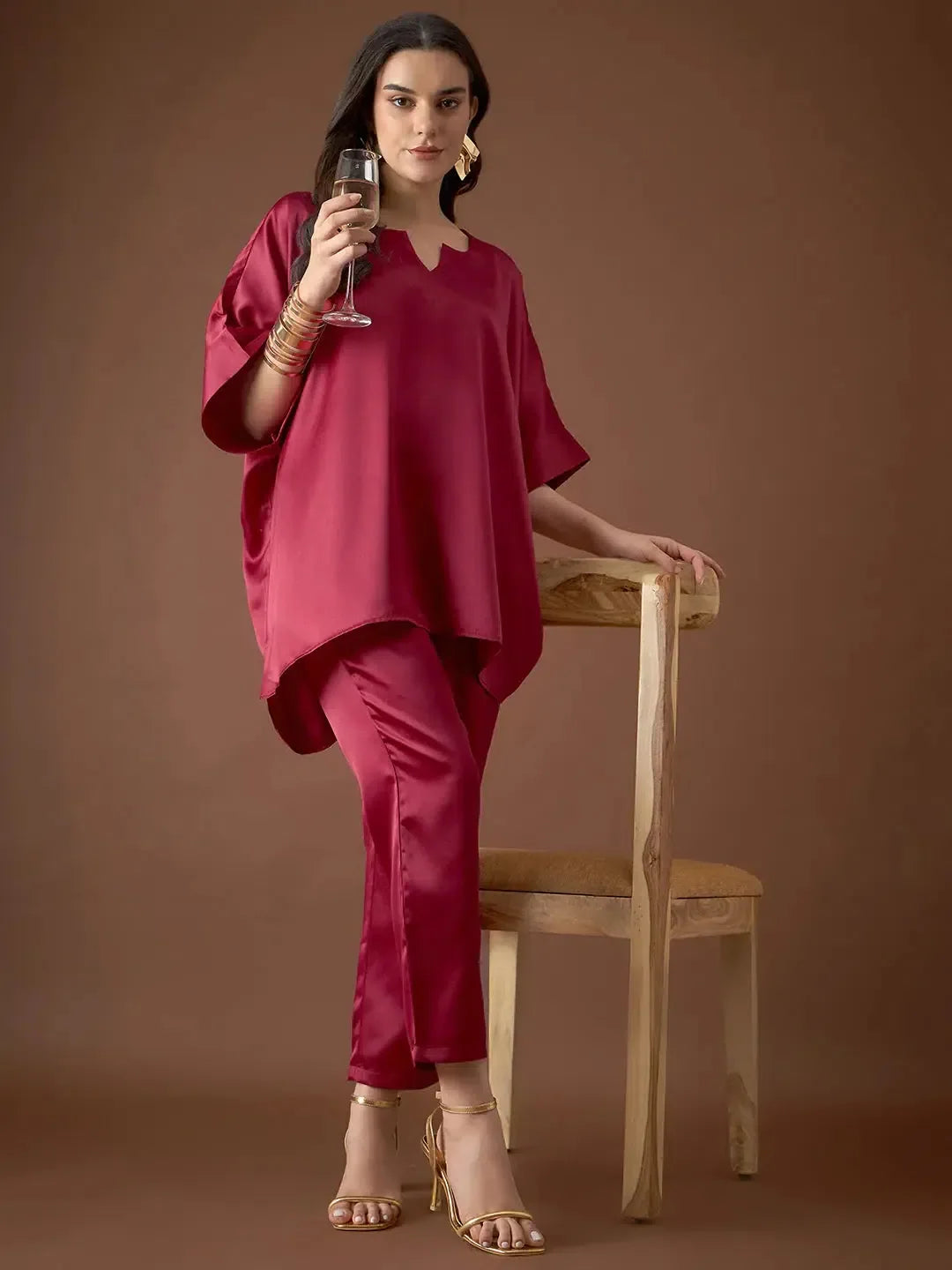 Anti Fit Kaftan Top with Pants in Maroon Color