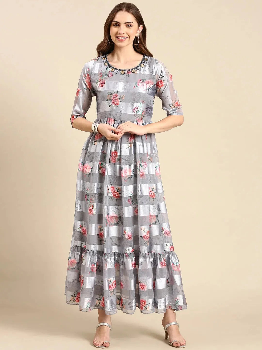 Grey Floral Anarkali Kurta for Women | Nylon Anarkali Kurti