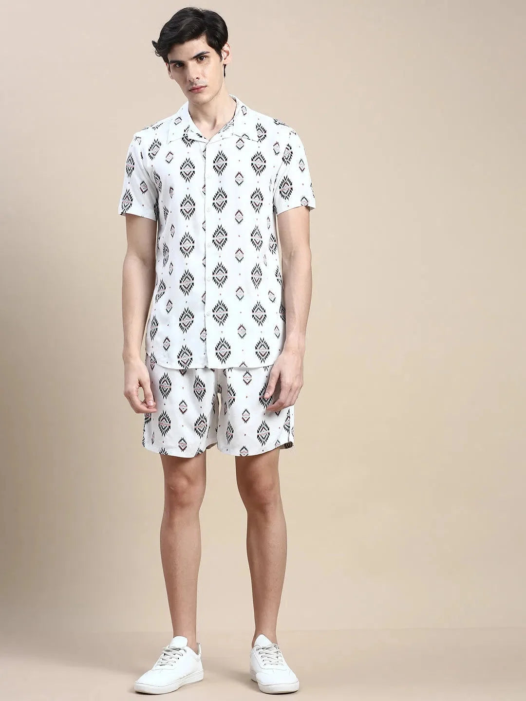 Men's White Printed Casual Co ord Sets | Cotton Two Piece Sets