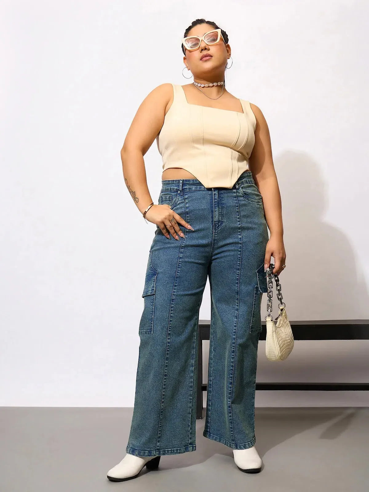 Blue Denim Cargo Jeans - Acid Wash Women's Straight Fit