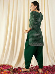 Short Kurta with Low Crotch Dhoti in Green Color