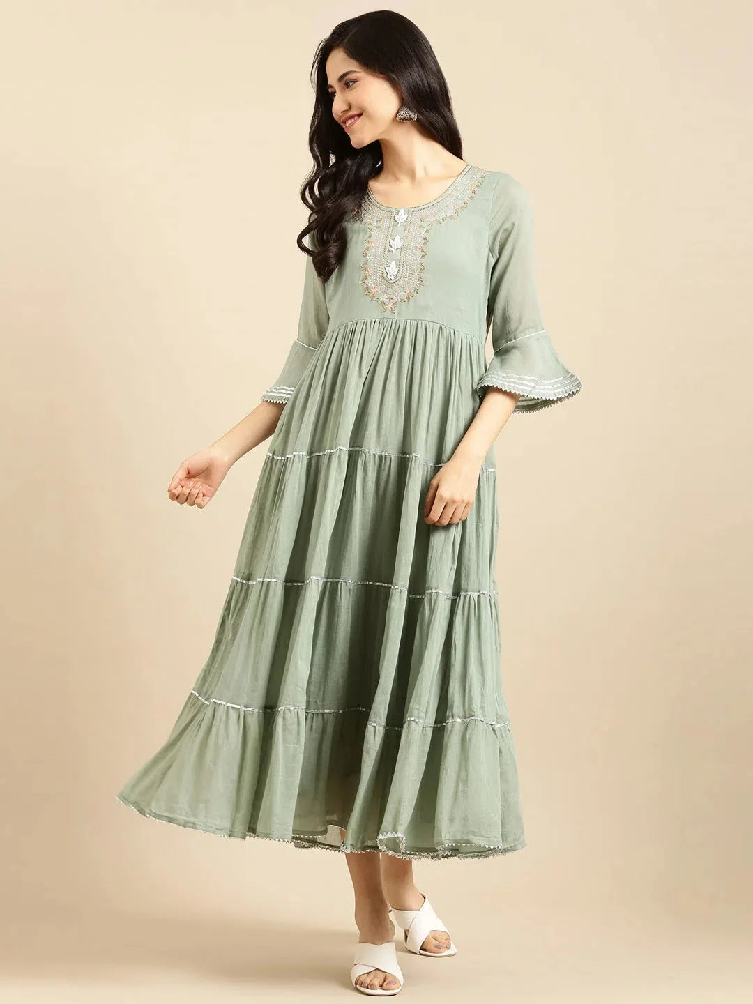 Embroidered Green Cotton Kurta | A-Line Indian Kurta Ladies