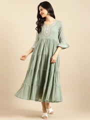 Women's Green Embroidered A-Line Kurta-ON-565-Green