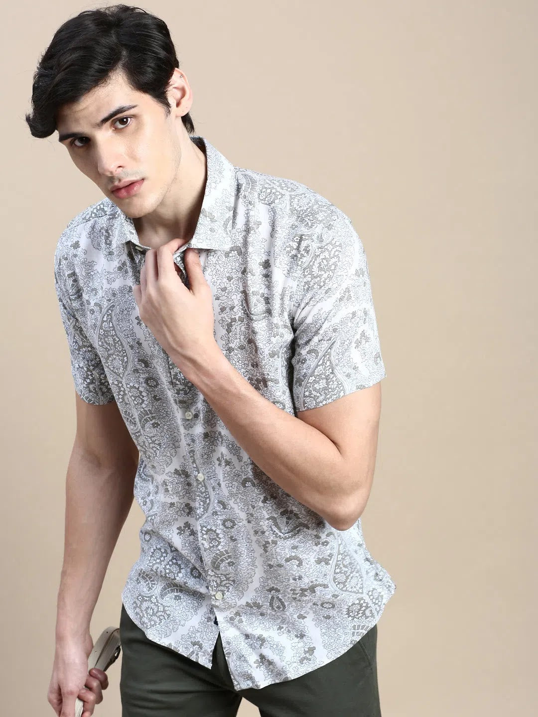 Men's Cream Floral Printed Cotton Shirt | Casual Shirts
