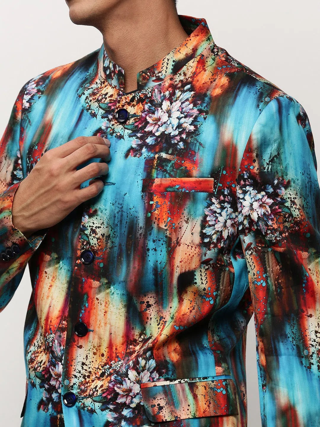 Men's Blue Printed Blazer | Modern Ethnic Nehru Jacket Design