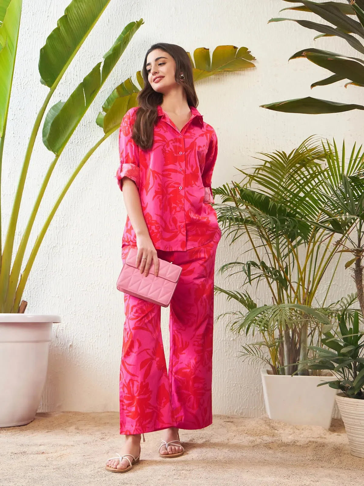 Magenta Floral Shirt & Lounge Pants - Trendy Indian Suit Set!
