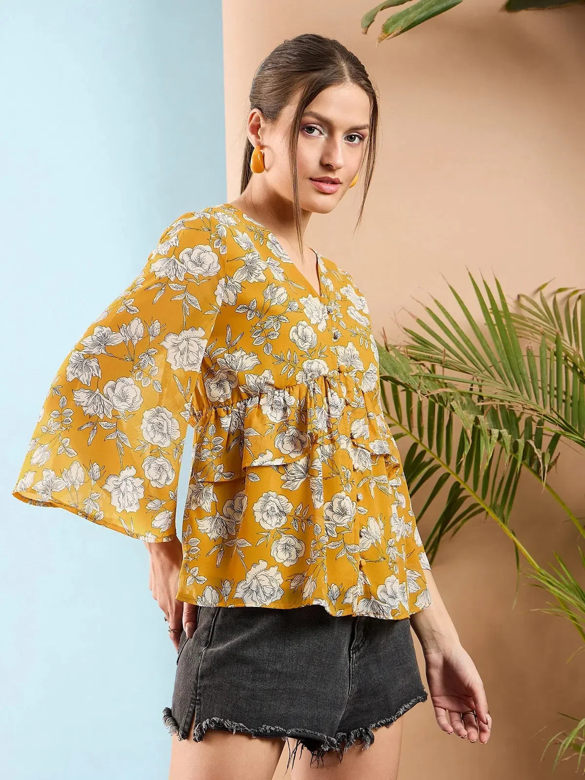Yellow Floral Peplum Top | Women's Western Wear | Frill Design