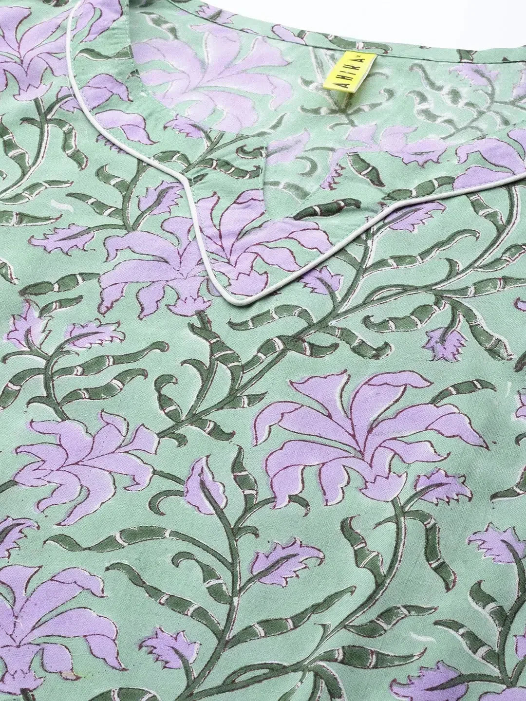 Women Green Cotton Printed Straight Kurta Pant Set-VKSKD1125