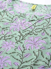 Women Green Cotton Printed Straight Kurta Pant Set-VKSKD1125