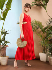 Women Red Waist Cut Out Pleated Maxi Dress