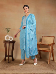 Women Blue Viscose Rayon Embroidered Straight Kurta Pant Set-VKSKD2183