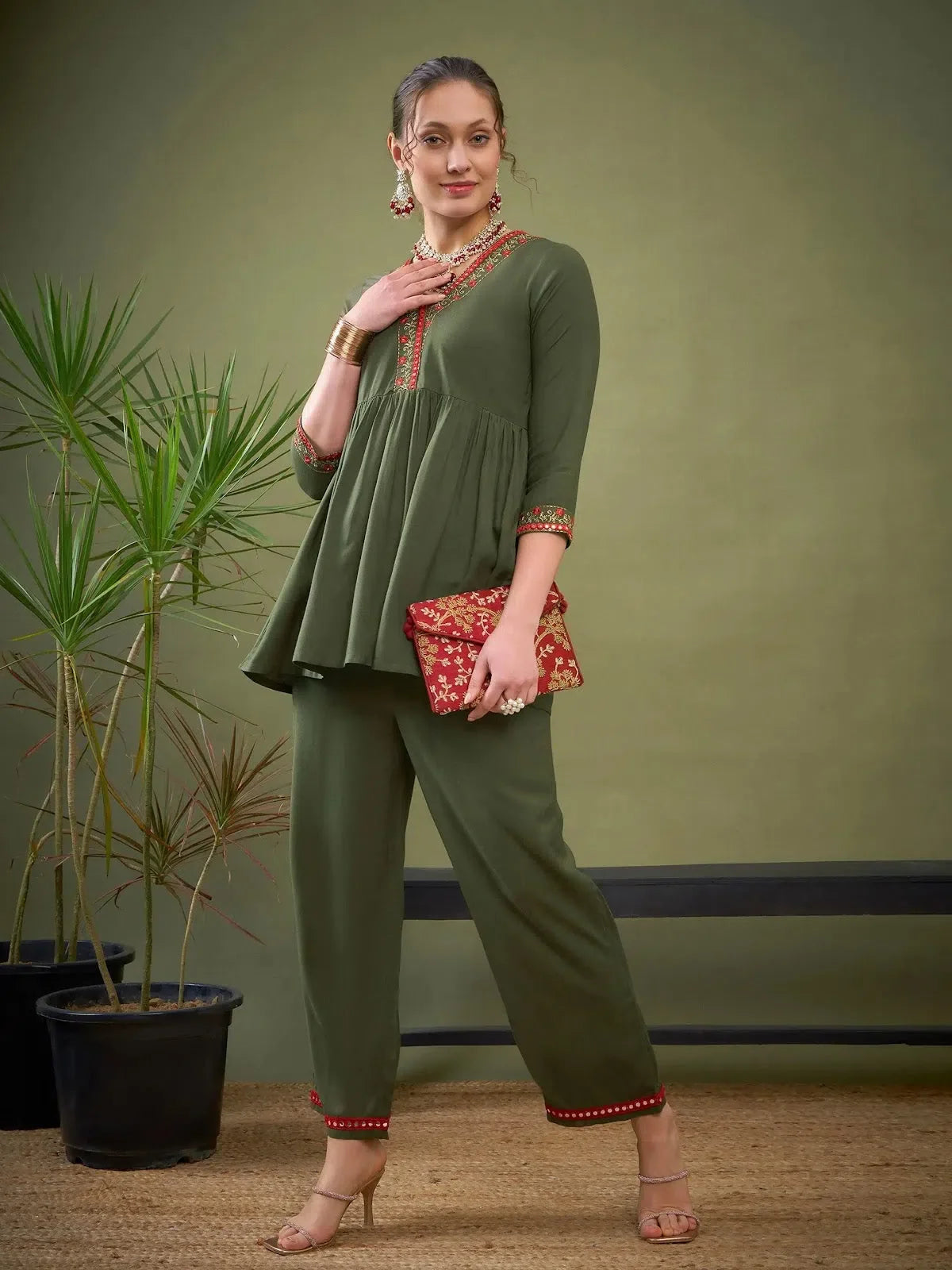 Olive Peplum Embroidered Top & Palazzos - Indian Suit Set