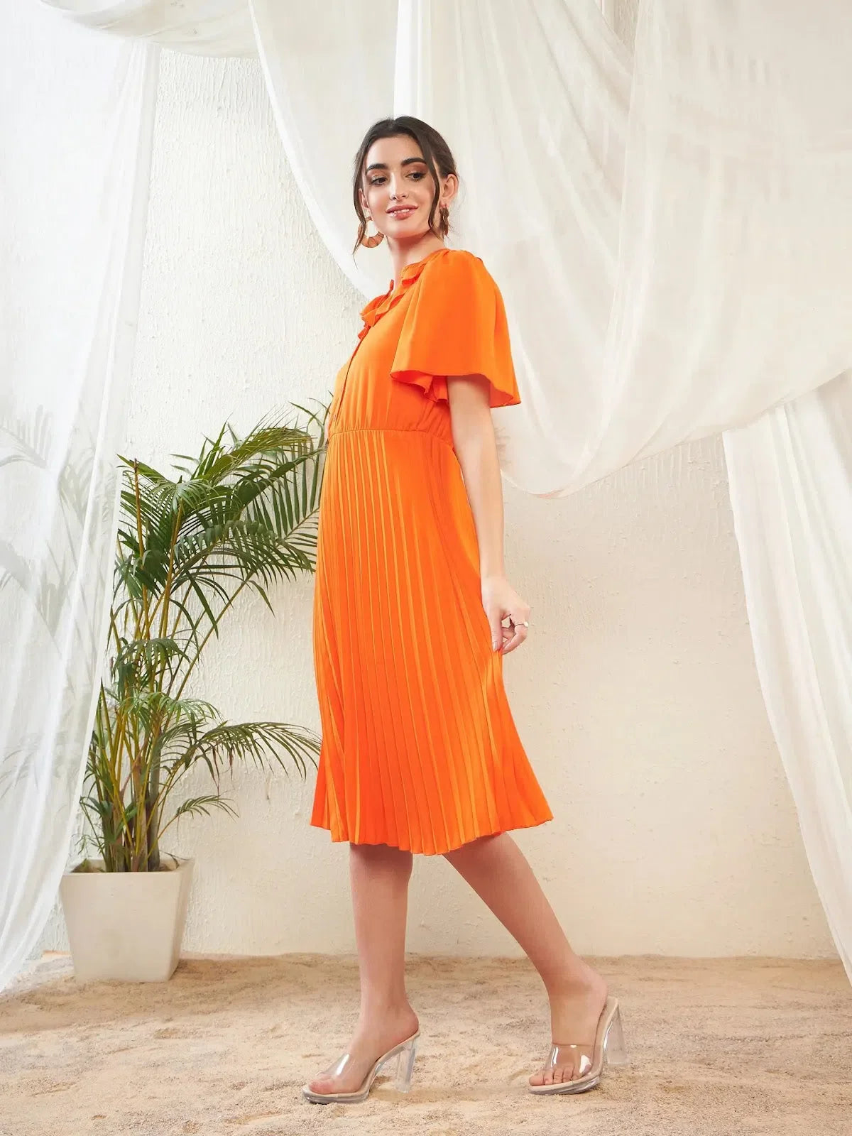 Orange Frill Neck Midi Dress - Women's Western Wear Outfits Orange Frill Neck Midi Dress - Women's Western Wear Outfits