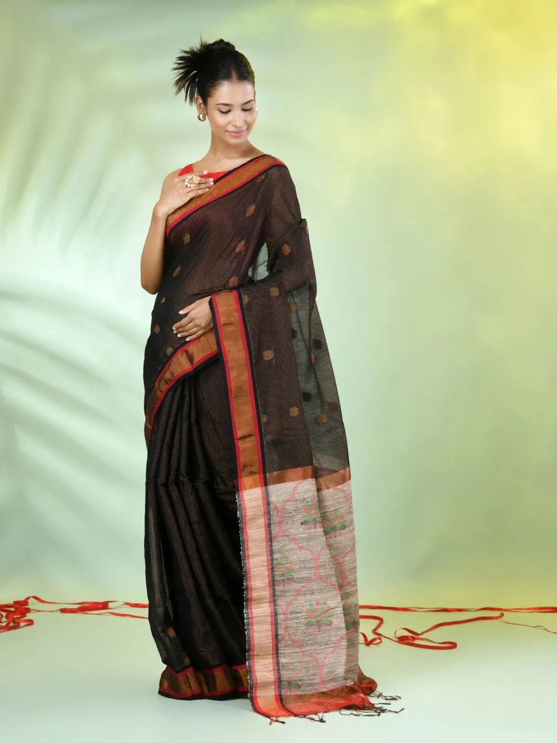 Black Cotton Saree with Jute Pallu | Indian Sari