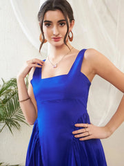 Women Royal Blue Poplin Smocked Back Skater Dress