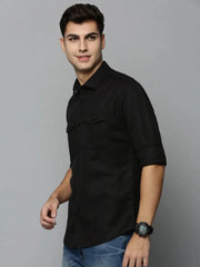 Men Black Solid Casual Shirt-DARIANPURELINEN-3295-Black