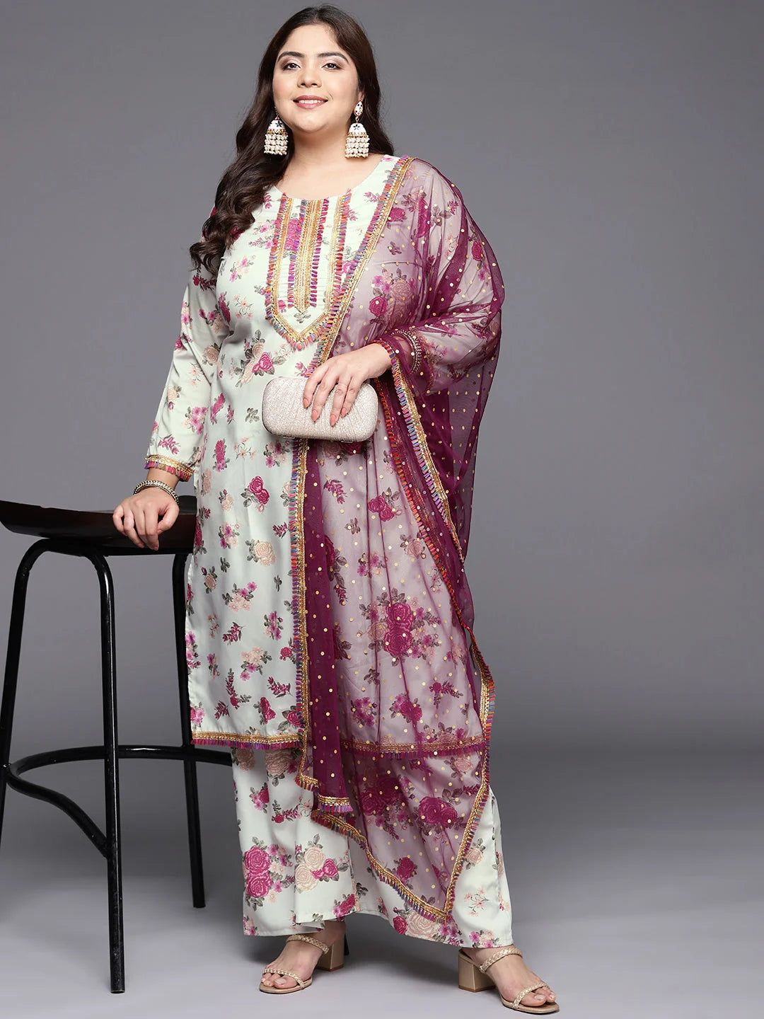 Beige Floral Kurta and Palazzo Set for Plus Size Women