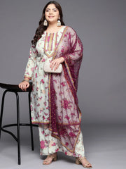 Beige Floral Printed Plus Size Kurta with Palazzos & With Dupatta-AP-AHKUDUPZ-COMBO-358-FF