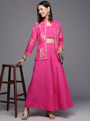 Pink Solid Crop Top with Palazzos and Printed Shrug-AHBLSKJK-COMBO-815