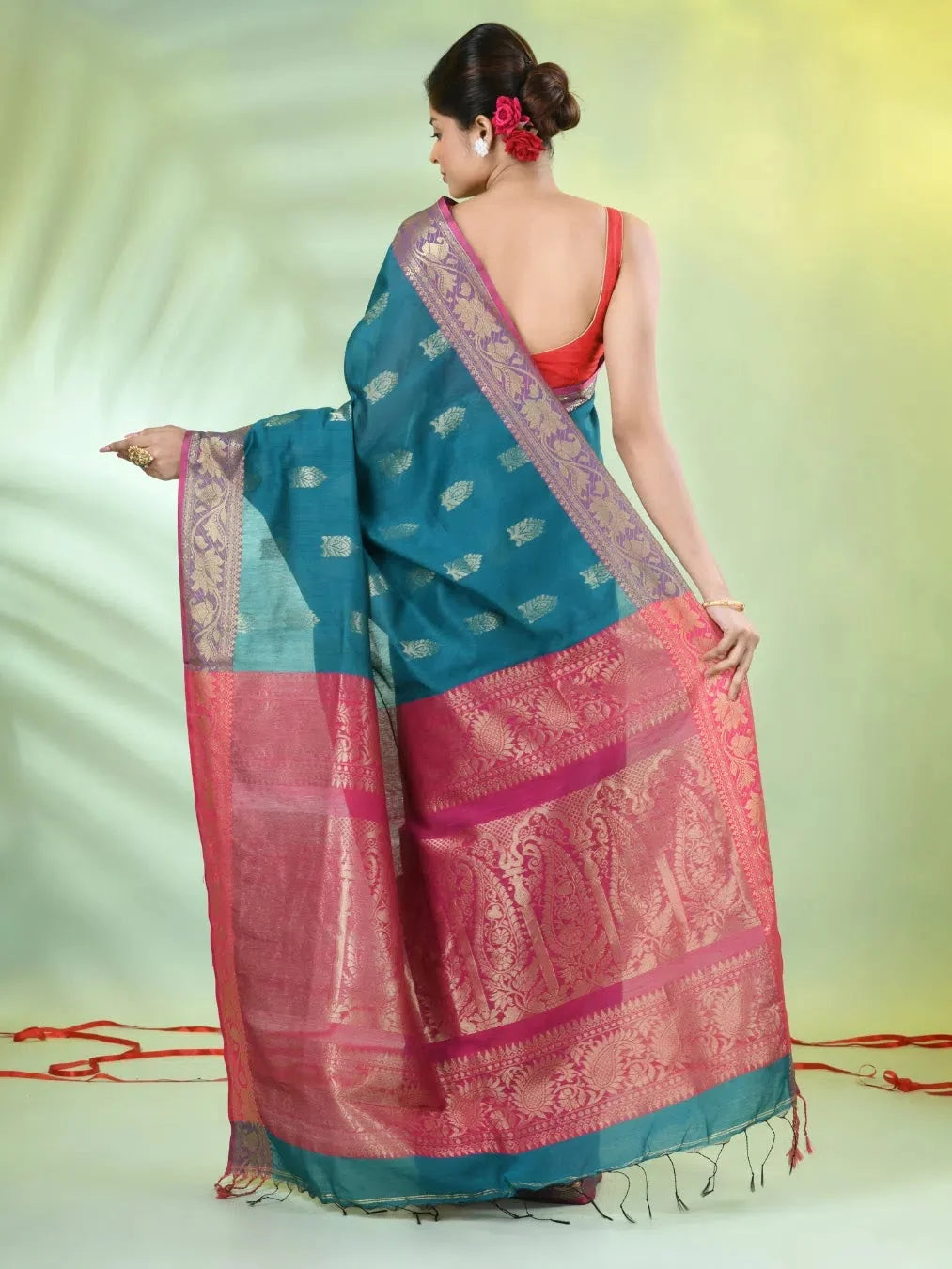 Teal Cotton Saree: Nakshi Zari, Designer Sarees India