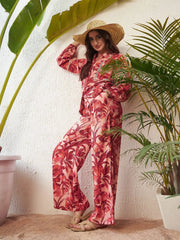 Women Rust Floral Lace Insert Blouse