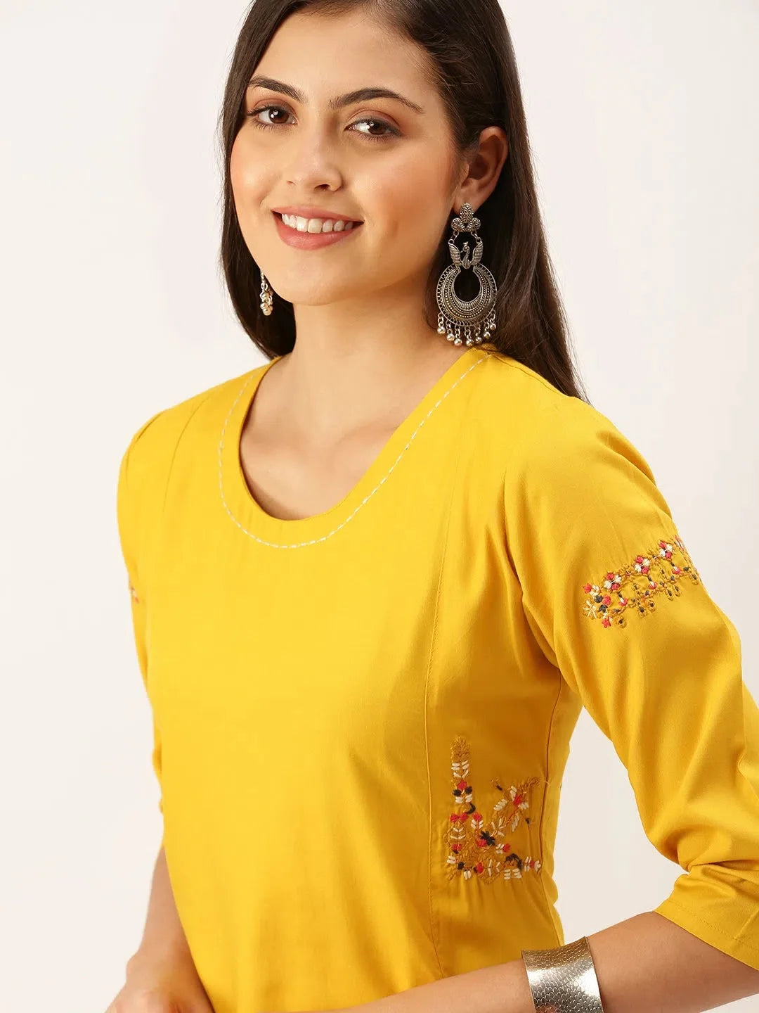 Yellow Embroidered Indian Kurta Ladies - Cotton Kurtis Online