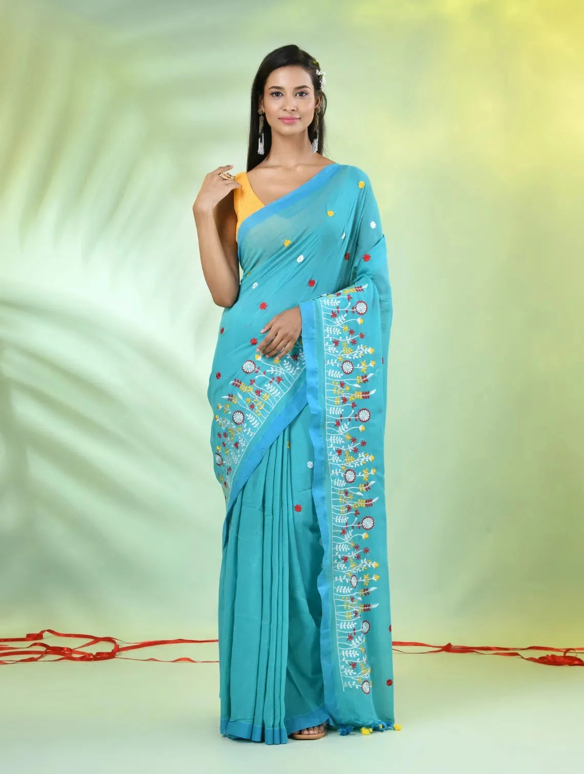 Sea Green Embroidered Cotton Saree | Designer Sarees India