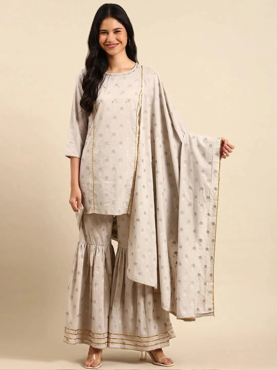 Grey Printed Women's Kurta Set | Floral Cotton Kurta Sets