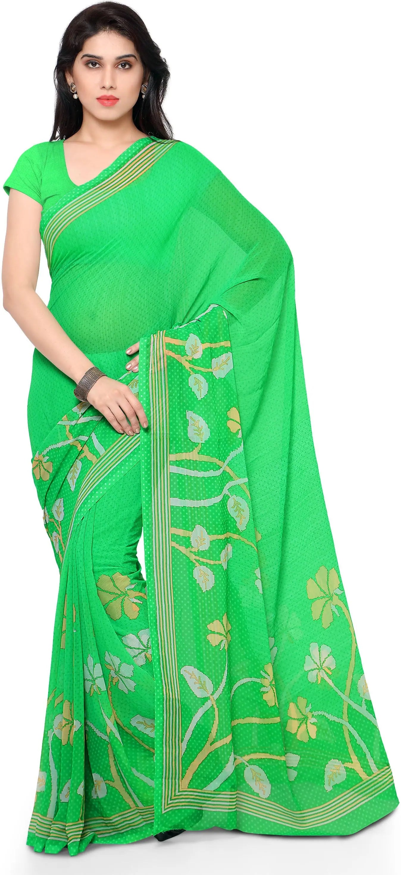 Green Printed Polyester Saree | Indian Sari Collection