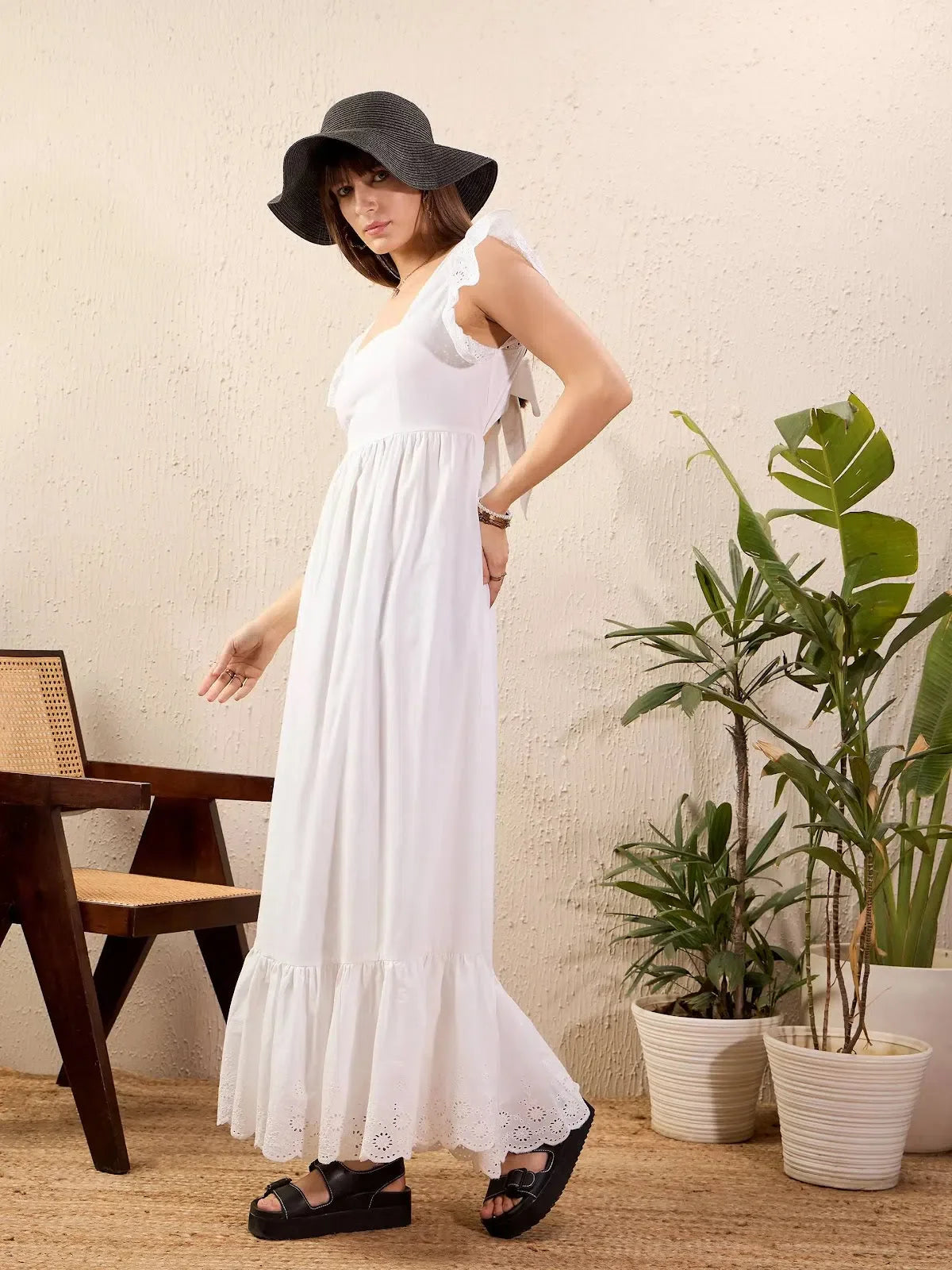 White Schiffli Maxi Dress - Women's Cotton Ethnic Party Wear White Schiffli Maxi Dress - Women's Cotton Ethnic Party Wear