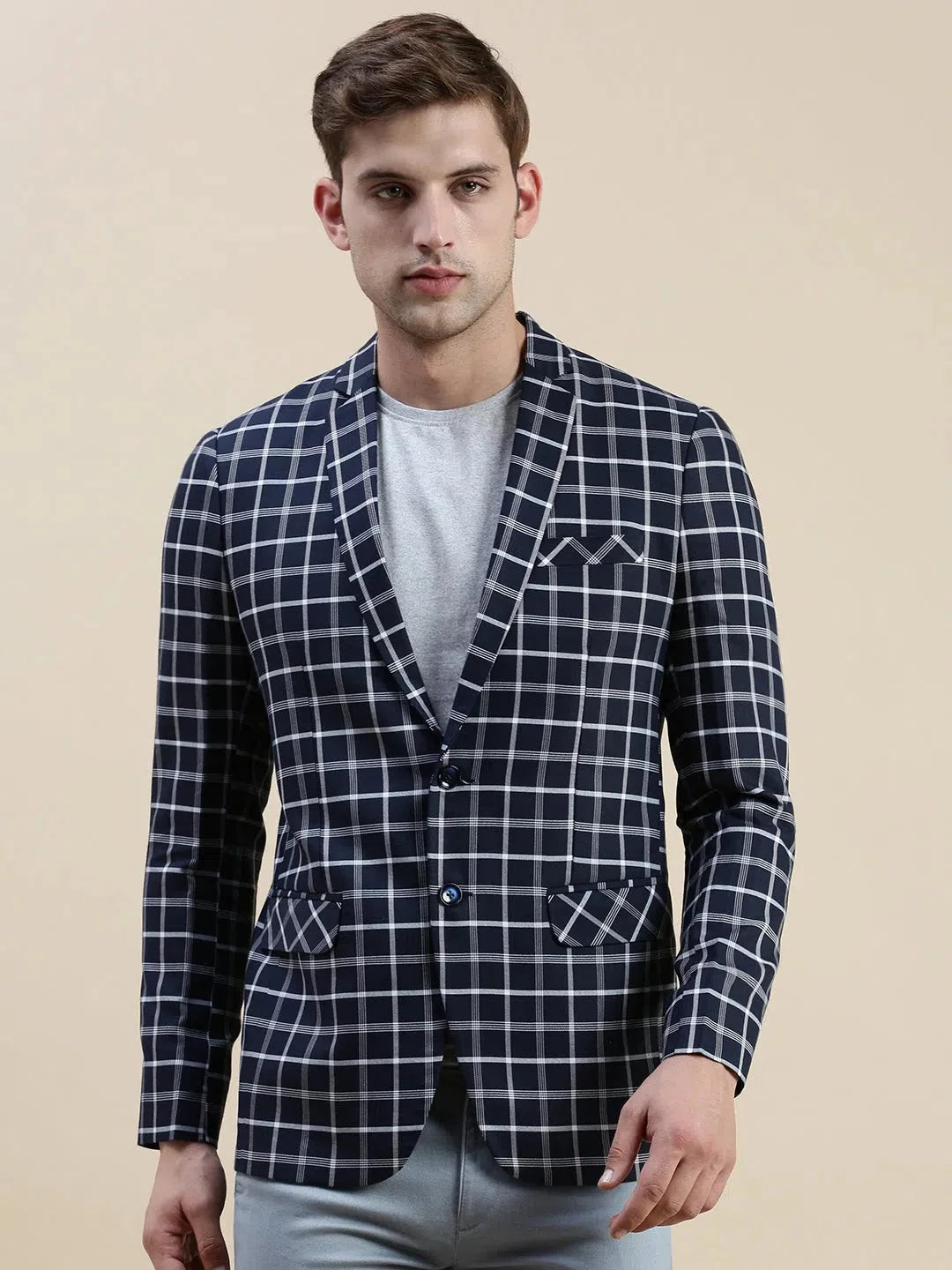 Navy Checked Cotton Blazer - Men's Ethnic Wear from DesiQlo